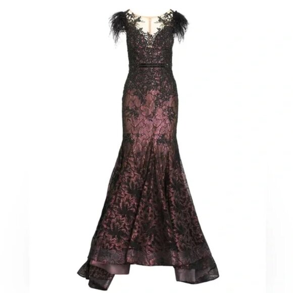 Mac Duggal 79230 Size 12 Black Feather Sleeve Illusion Neck Trumpet Gown Dress - Picture 3 of 5